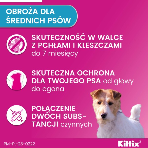 Obroża Elanco Kiltix chroniąca psy przed kleszczami i pchłami podczas spacerów