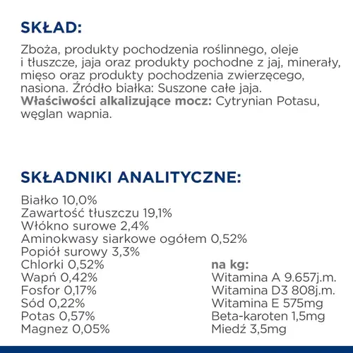 Skład Hill's PD Canine u/d 4 kg — sucha karma dla psa na kamienie w pęcherzu moczowym, moczanowe i cystynowe
