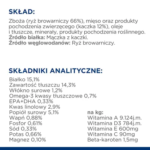 Skład Hill's PD Canine D/D Duck and Rice 12 kg - sucha karma z kaczką i ryżem dla psa na problemy skórne