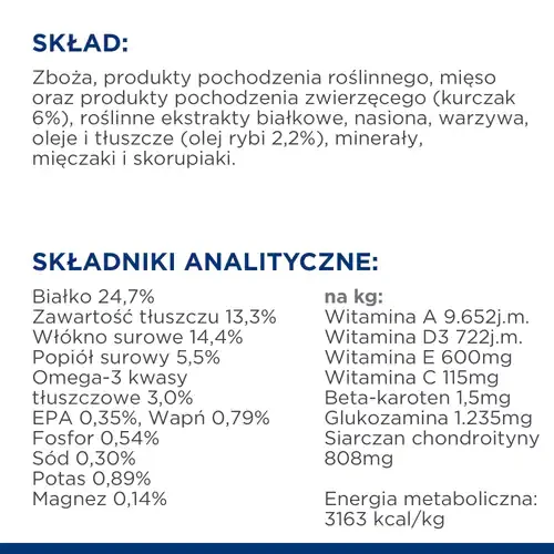 Skład Hill's PD Canine j/d Metabolic Mobility 12 kg - karma dla psa na nadwagę i stawy