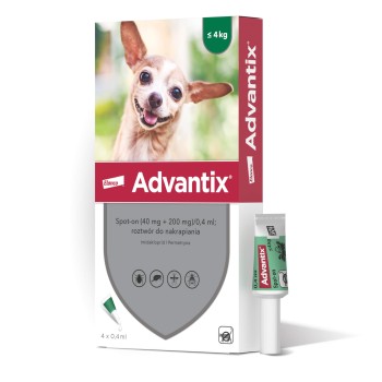 Advantix Spot On S Pies do 4 kg, krople na pchły i kleszcze dla psów, 4 pipetki