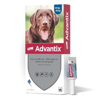 Advantix Spot On XL Pies 25-40 kg, krople na pchły i kleszcze dla psów, 4 pipetki