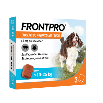 FrontPro Tabletki dla Psów 10 - 25g , Ochrona przed Pchłami i Kleszczami, 3 x 68 mg