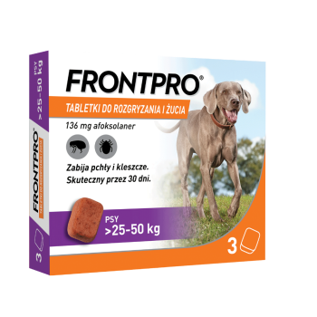 FrontPro Tabletki dla Psów 25-50 kg , Ochrona przed Pchłami i Kleszczami, 3 x 136 mg